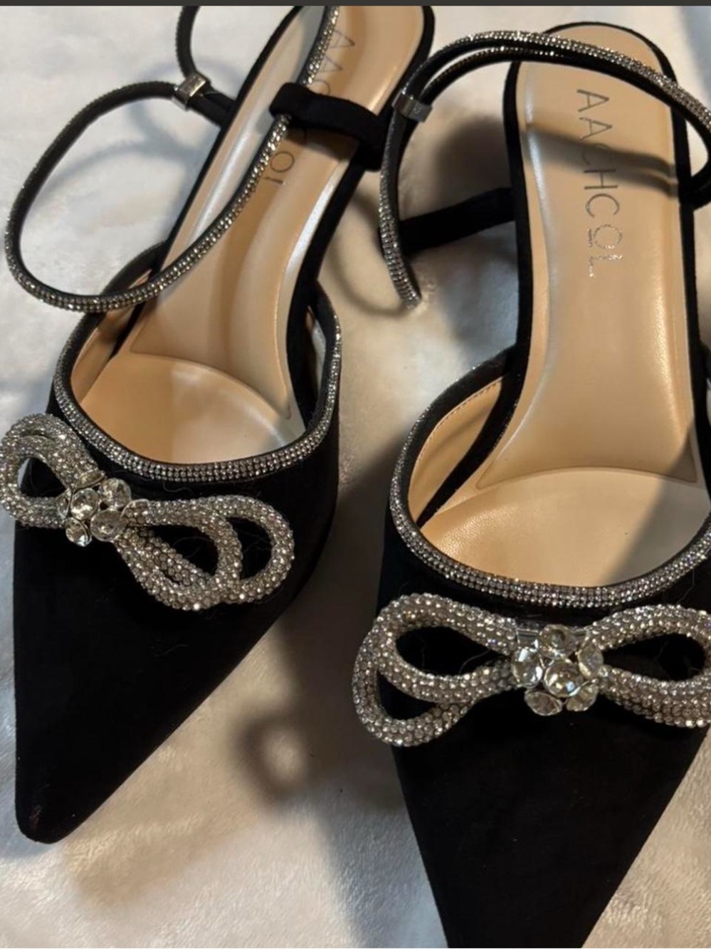 Crystal Bow Pointed Toe Slingback Heels in Black